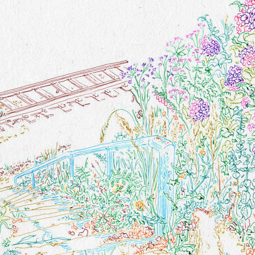 Detalhe 1 - Vista de um ambiente de Hortênsias junto ao Lavadouro Público de Fundo de Vila em São João da Madeira. Desenho feito por José Miguel Carvalho Cardoso (Zé Miguel) em 2025. Dupla página, com Caneta esferográfica Bic Cristal 1,6 Multicolor 15, 28x28cm, sobre caderno de desenho.